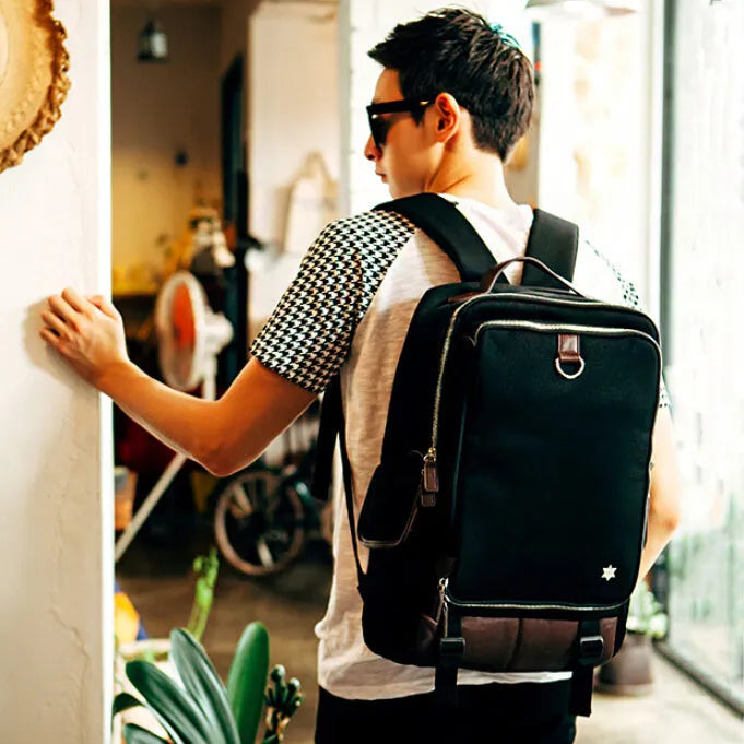 Men's modern large backpack in Oxford cloth, showing colour options including Army Green, Black, and Gray.