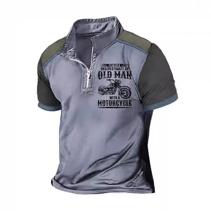 Men's short sleeve polo shirt with printed letter pattern and decorative zippers on the lapel.