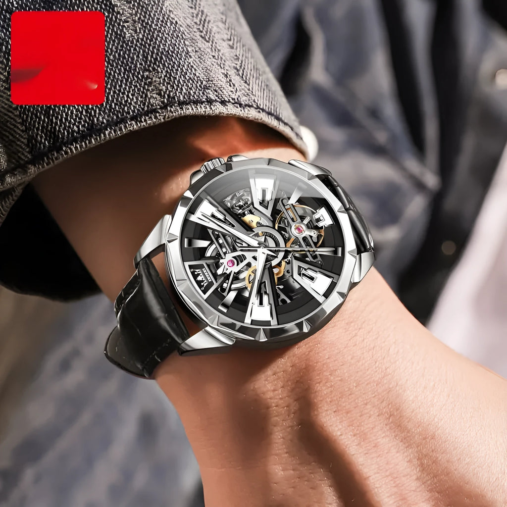 Men's automatic mechanical watch with hollow dial, stainless steel case and brown leather strap