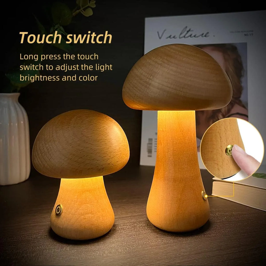 INS wooden mushroom LED night light with touch switch, walnut colour, on a bedside table