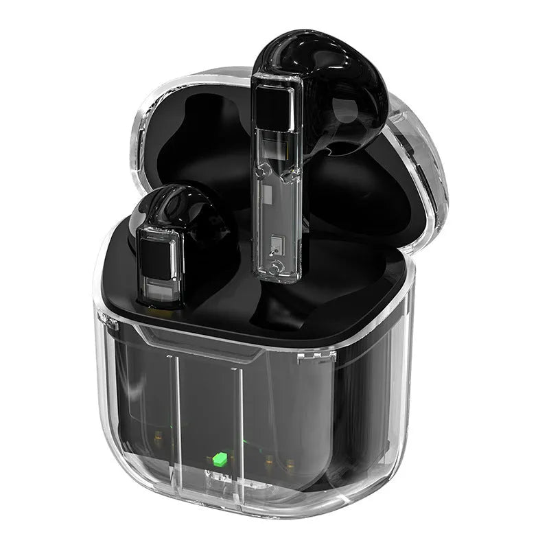 YX06 transparent TWS wireless headphones in black, white, orange, or green with a charging case.