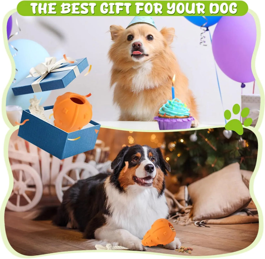 Natural rubber stuffable dog toy with a long strap for fetch and treat dispensing.
