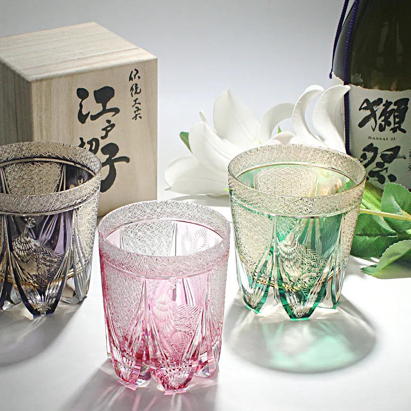 Crystal glass whiskey wine tumbler in simple style, available in multiple colours including Golden Pink Peacock