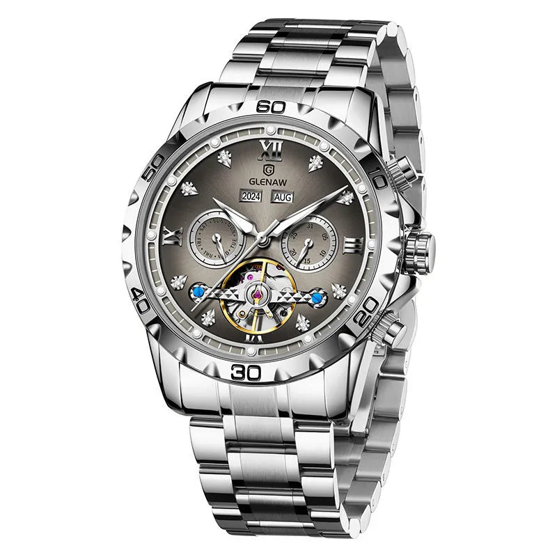 Men's automatic mechanical watch with stainless steel strap showing multiple colour variations