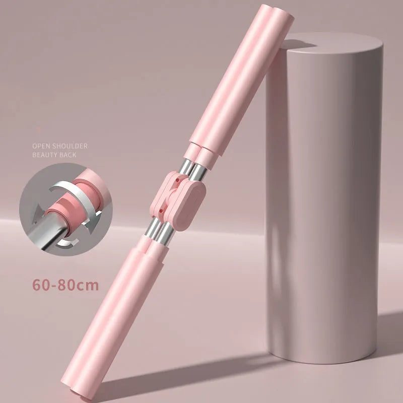Telescopic yoga body stick with steel core and foam grip, adjustable from 62 to 92cm, shown in three colour options