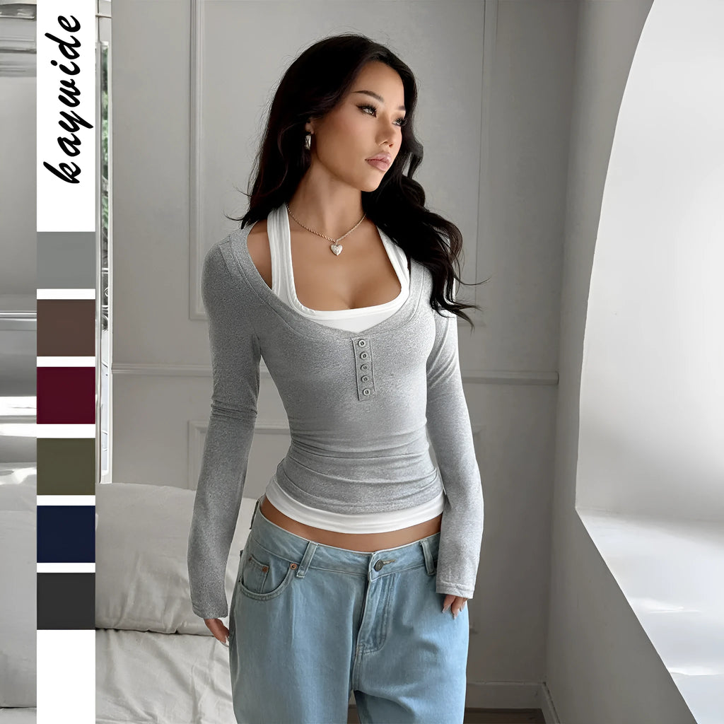 Women's colourblock fake two-piece suspender long-sleeved T-shirt in black, front view, slim fit, polyester knit