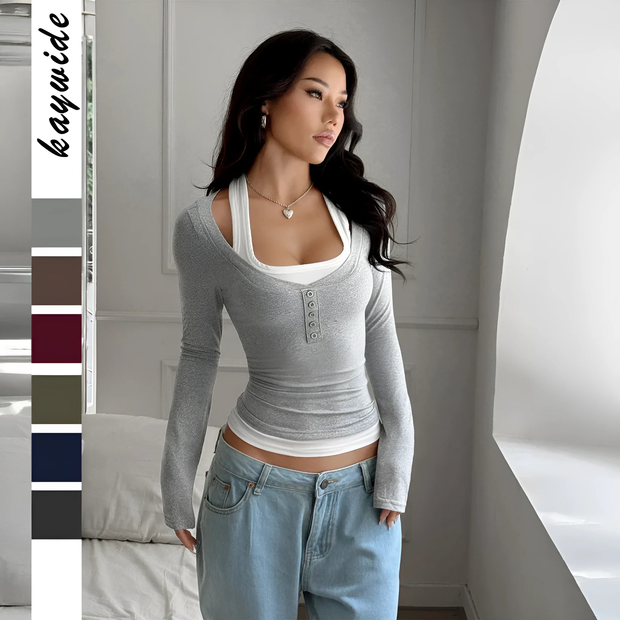 Women's colourblock fake two-piece suspender long-sleeved T-shirt in black, front view, slim fit, polyester knit