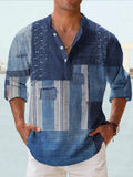 Man's thin striped digital print Hawaiian-style long sleeve cardigan shirt on a hanger.