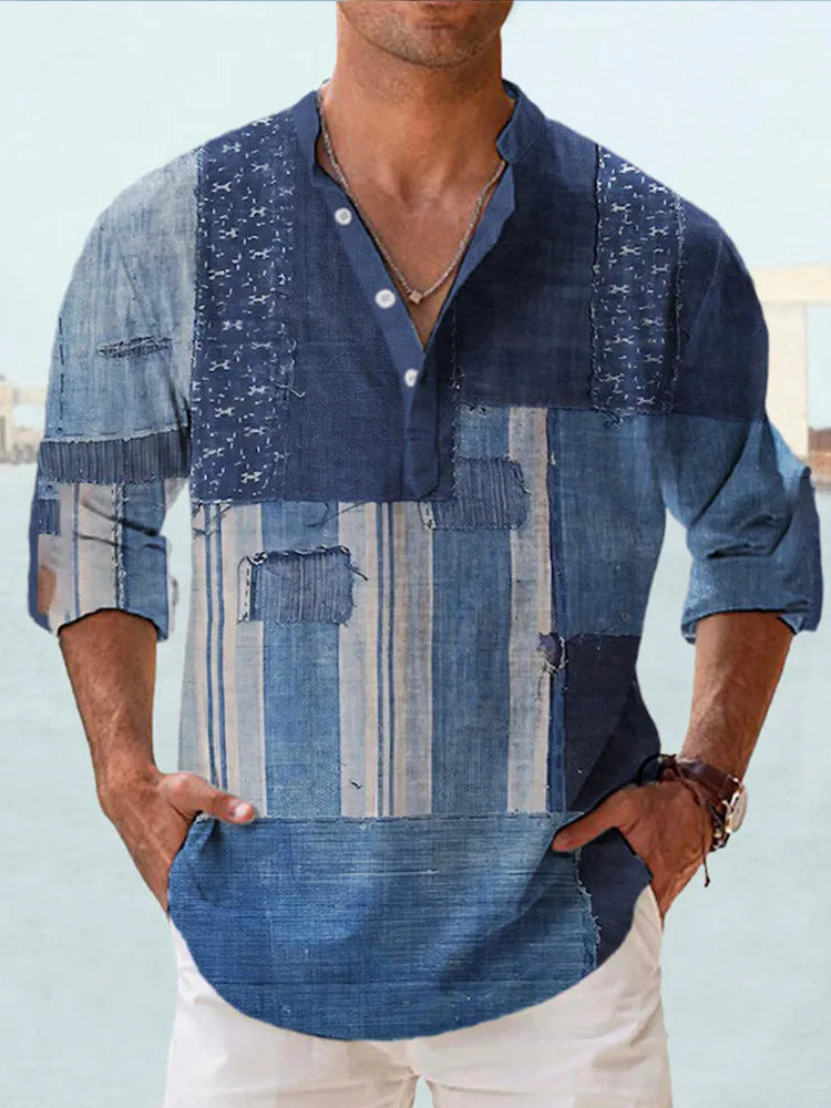 Man's thin striped digital print Hawaiian-style long sleeve cardigan shirt on a hanger.