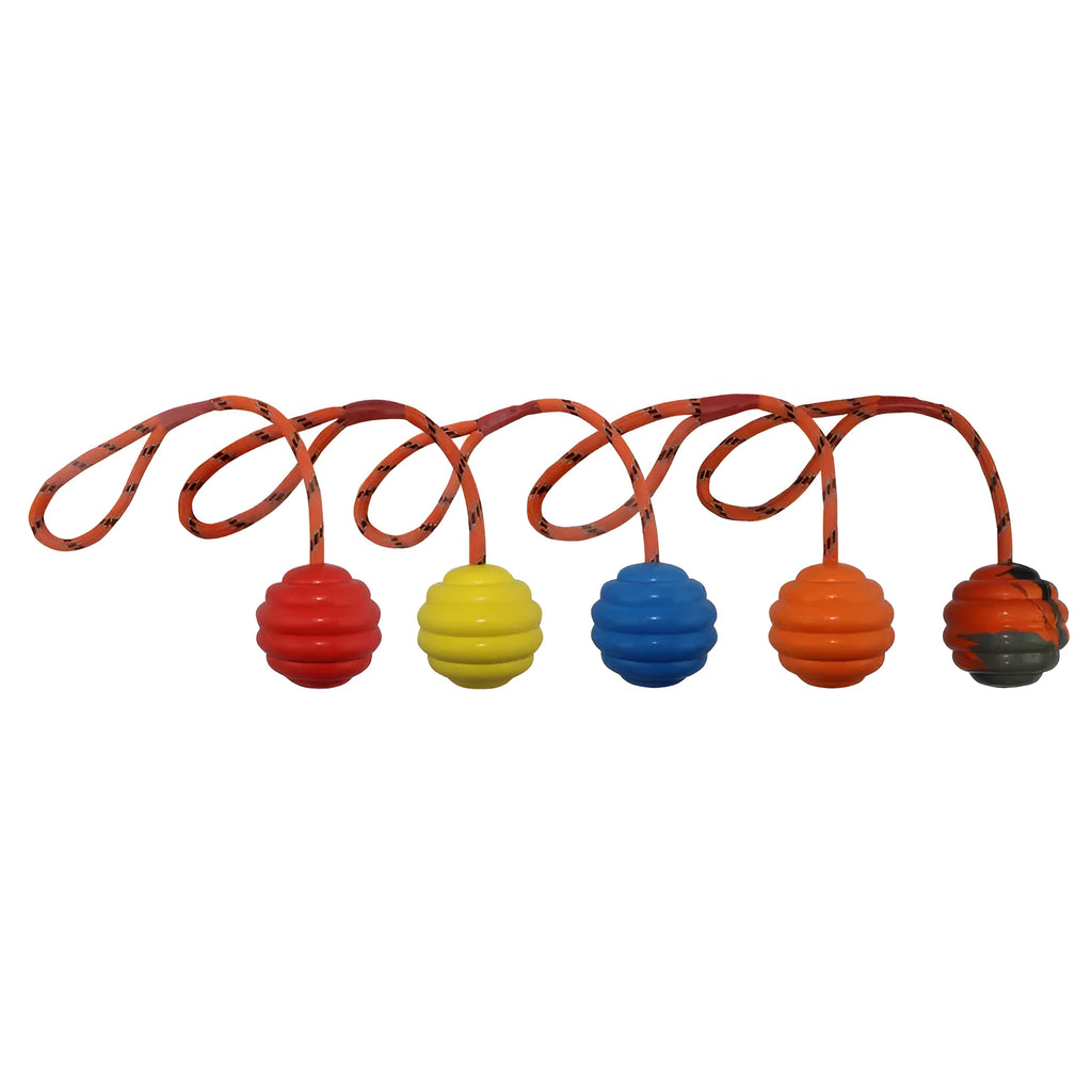 Multi-colour rubber dog chew ball with rope knot, measuring 6x30 cm.