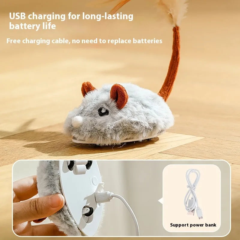 Electric interactive cat toy with rotating pole and moving plush mouse in dark grey, pink, or purple colours