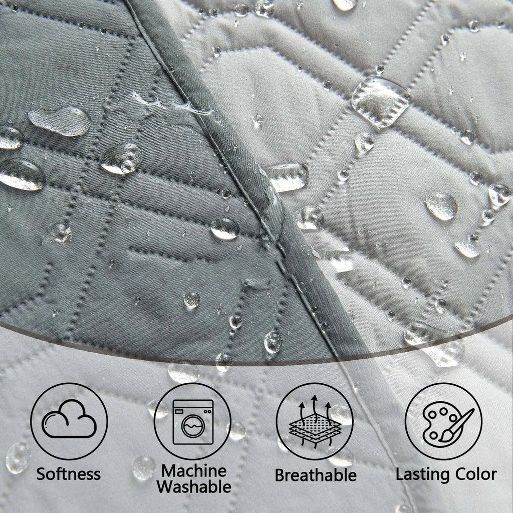 Double-sided waterproof pet sofa cushion shown in dark grey and khaki colour options on a sofa.