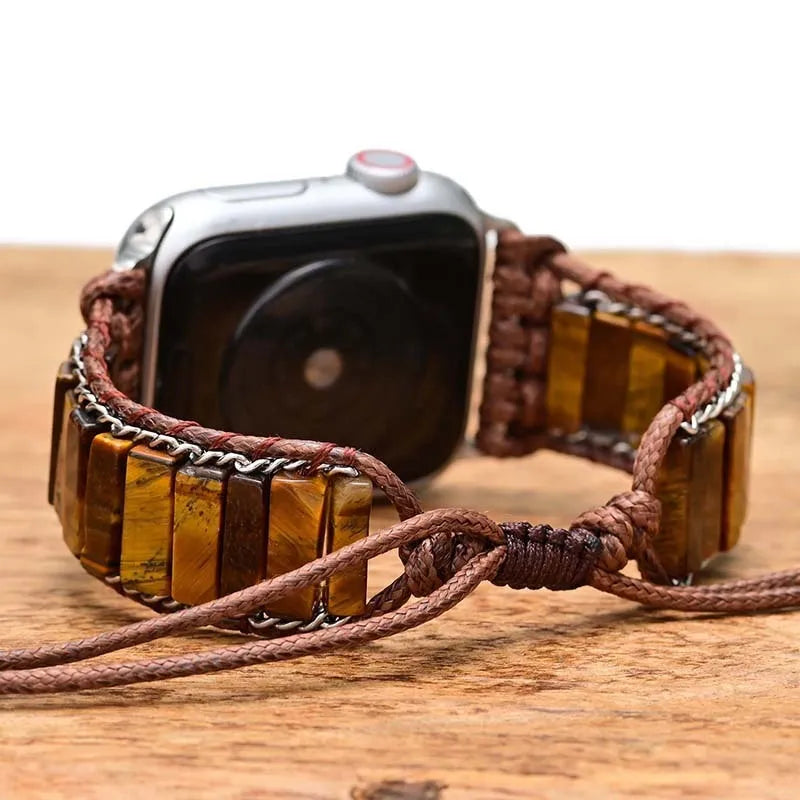 Men's rectangular tiger eye stone on a metal chain, attached to a brown adjustable textile watch strap.