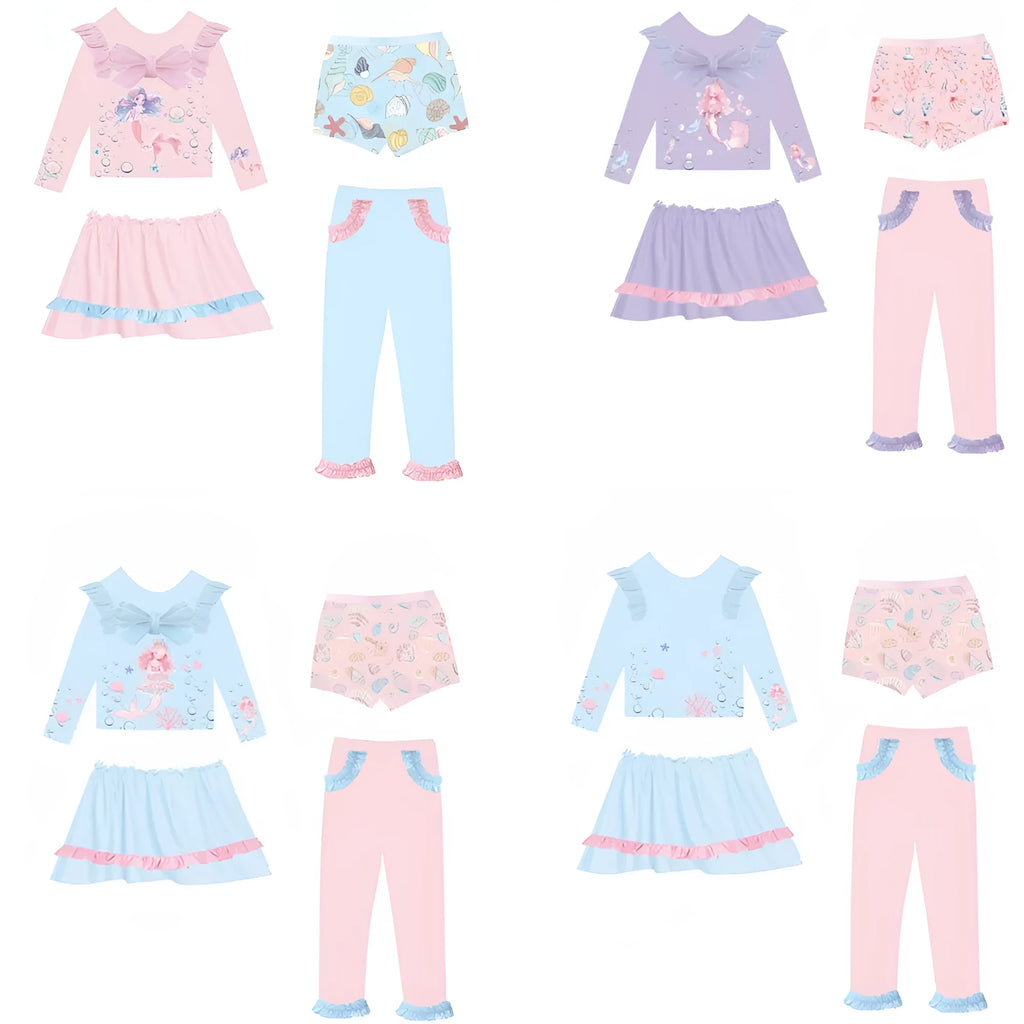 Girl's gilded mermaid swimsuit set with top, skirt, trousers, and shorts in various colours.