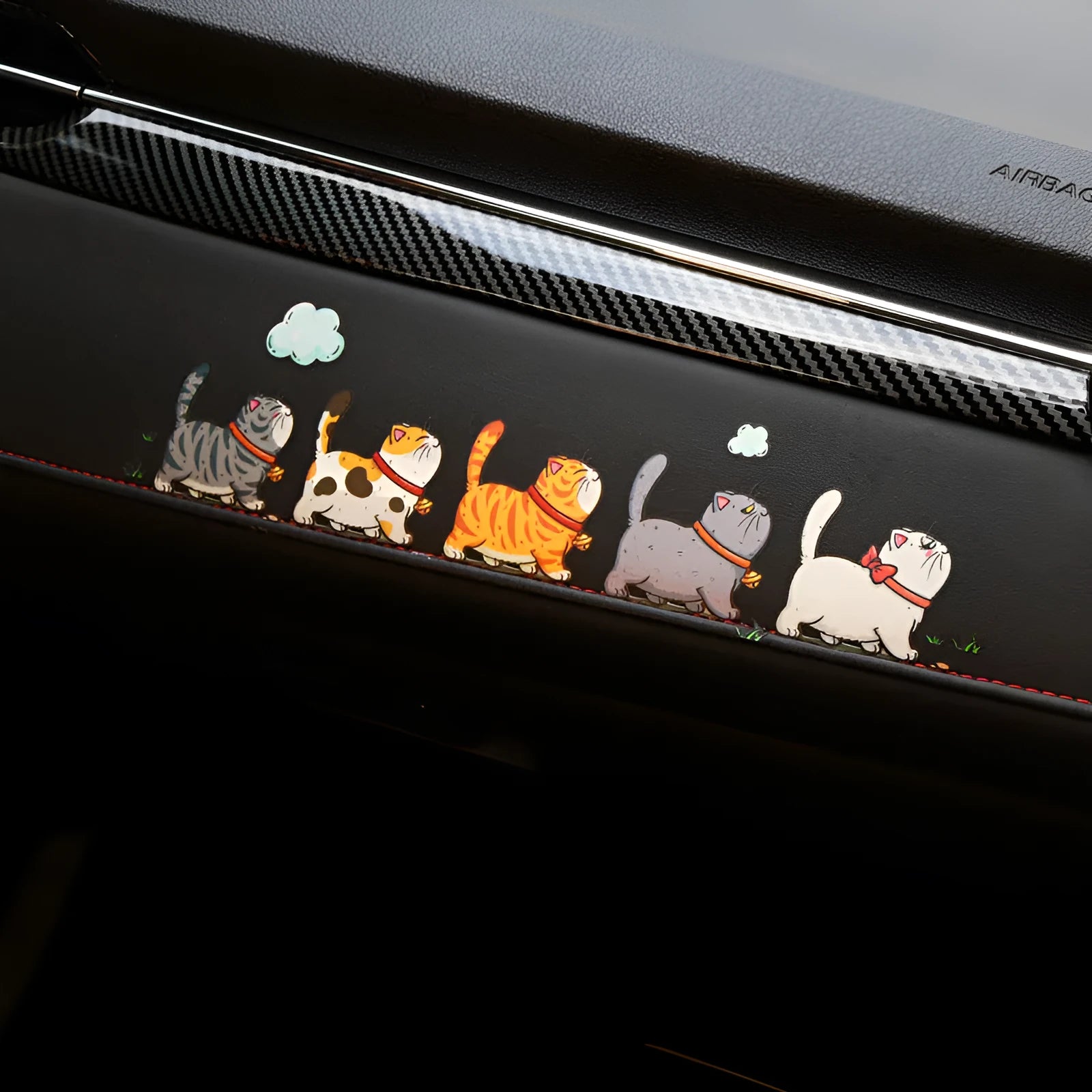 Funny vinyl car sticker showing five cats walking, waterproof PVC adhesive for vehicle decoration.
