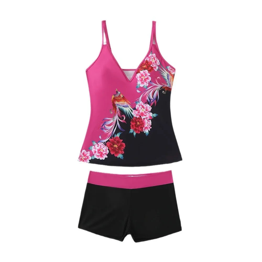 Plus size women's two-piece printed swimsuit in black or rose red with a cotton lining.