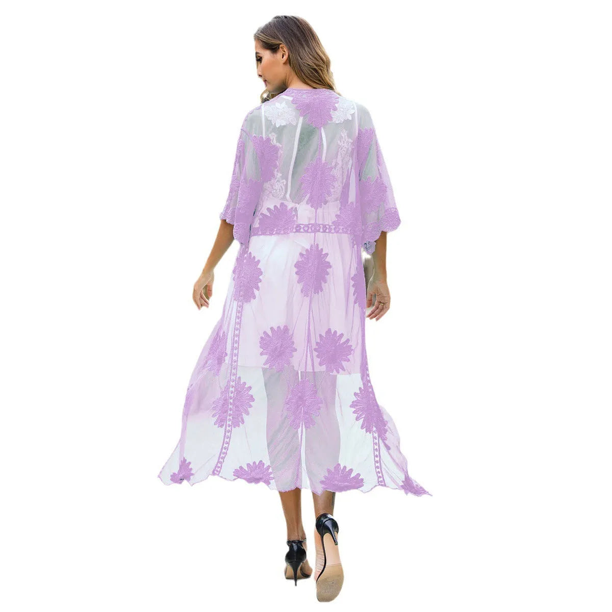 Light purple lace embroidery beach dress swimsuit cover-up on a hanger.