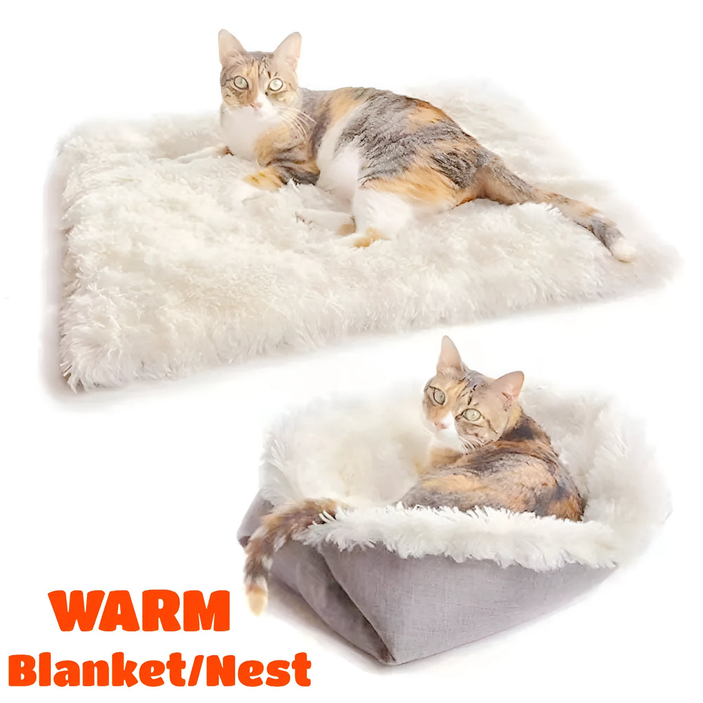 Grey fluffy pet sleeping pad for cats and dogs on a sofa, showing non-slip black bottom.