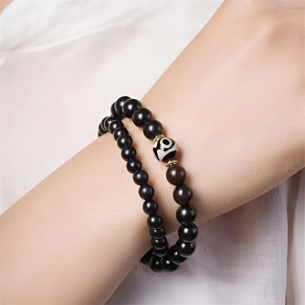 Ebony wood Tibetan beads bracelet with 8mm diameter and two-circle retro design