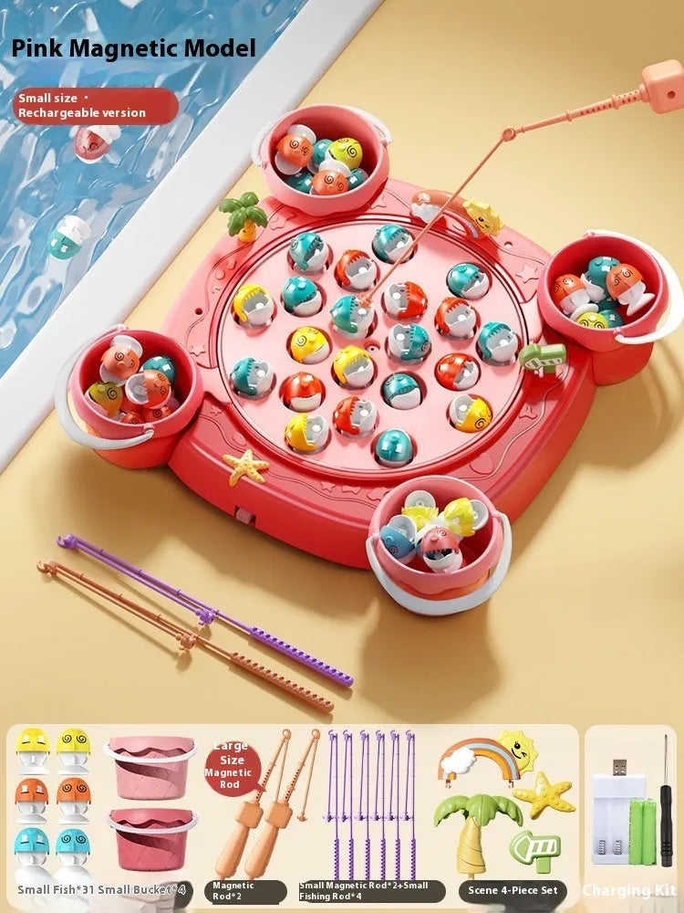 Baby educational magnetic fishing toy set with 8 poles, 4 barrels, and 31 colourful fish