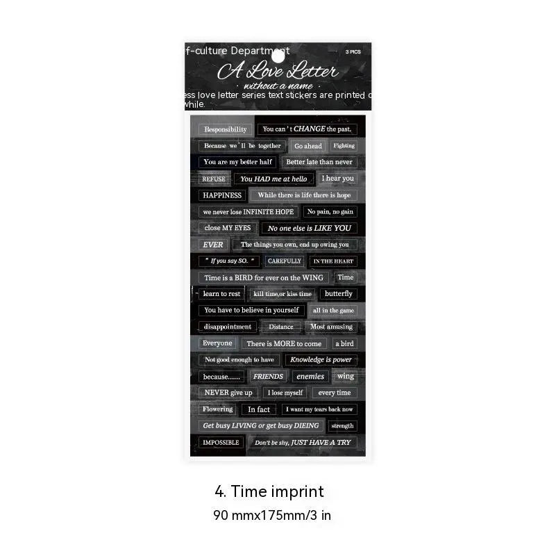 Four colour variations of 90x175mm English quotation stickers on Japanese paper with adhesive backing