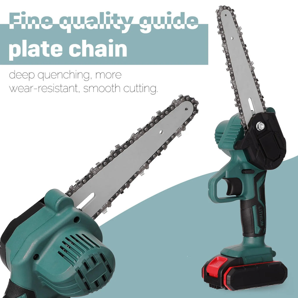 Black mini electric chainsaw held in one hand showing 4-inch guide plate and compact body.
