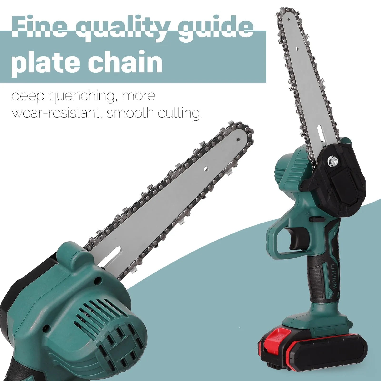 Black mini electric chainsaw held in one hand showing 4-inch guide plate and compact body.