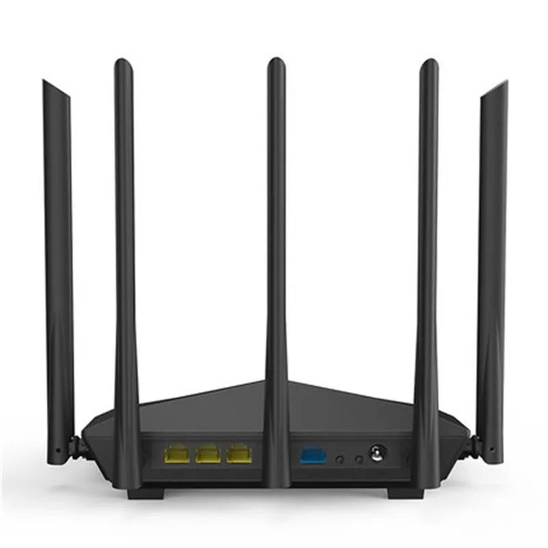 Black AC11 wireless router showing Gigabit ports and compact 220mm design