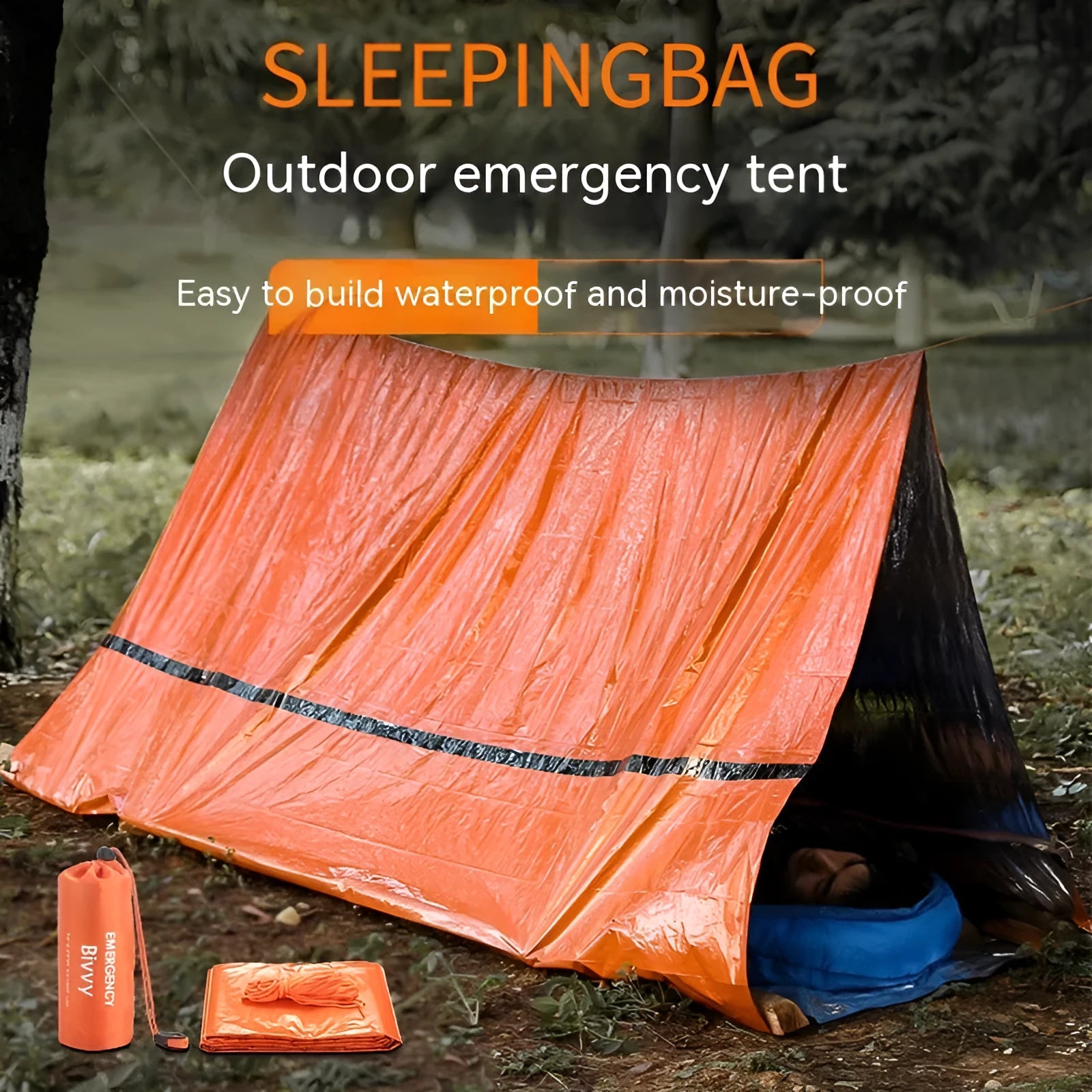 Portable outdoor disaster relief tent with sleeping bag and raincoat emergency shelter package