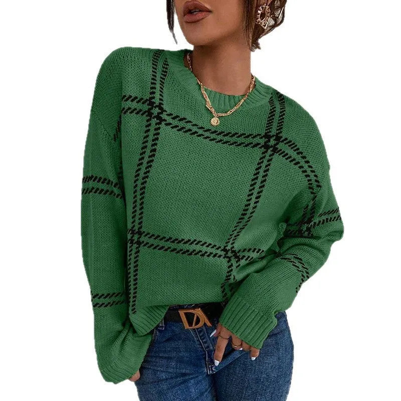 Women's loose plaid colour-block acrylic crew neck sweater in multiple colour options