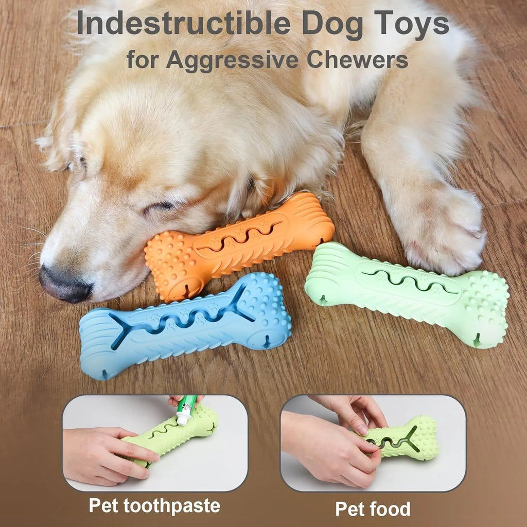 Blue natural rubber bone-shaped dog chew toy for aggressive chewers with textured surface