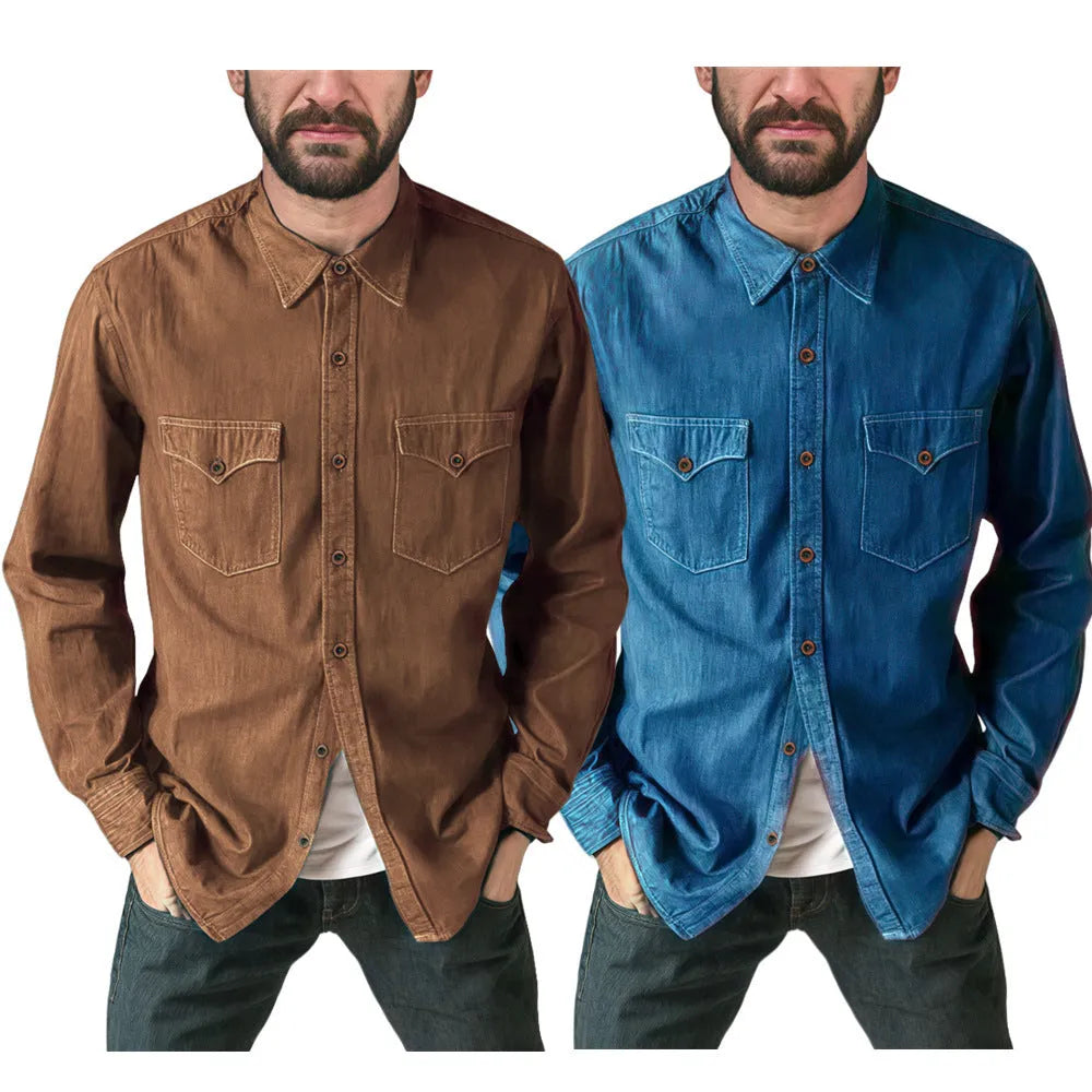 A regular fit denim cardigan coat in a khaki colour on a model.