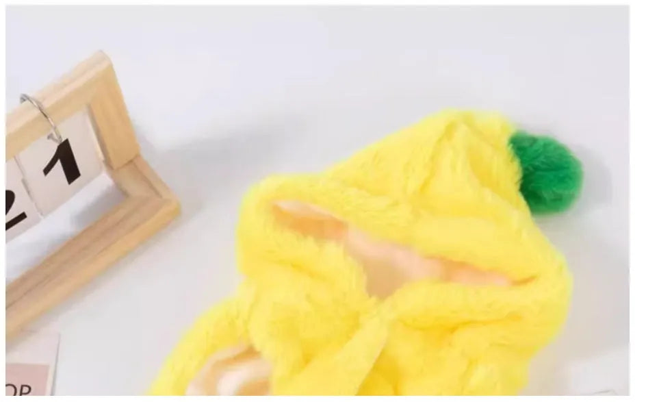 Yellow funny banana dog costume made from polyester for autumn and winter pet clothing, available in sizes S M L XL