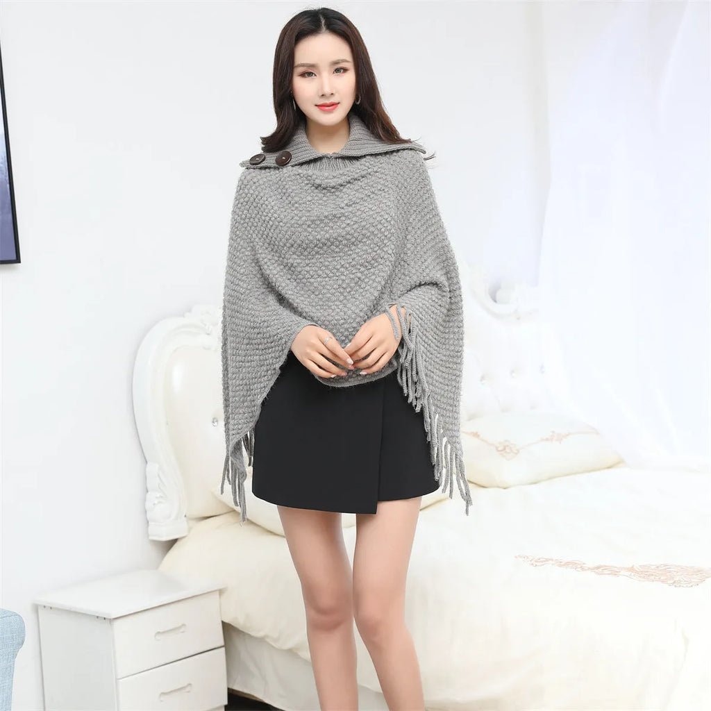 Sleeveless knit shawl with dotted pattern in khaki colour, acrylic fibre, free size, worn over shoulders