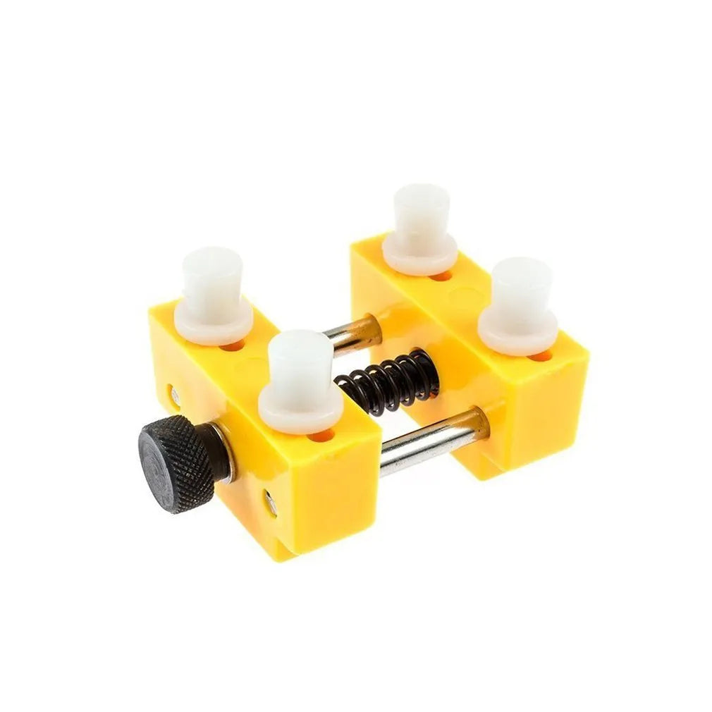 Watch repair case opener kit with plastic housing opener, yellow watch fixing base and four fixed pillars, 40 x 40 x 45mm