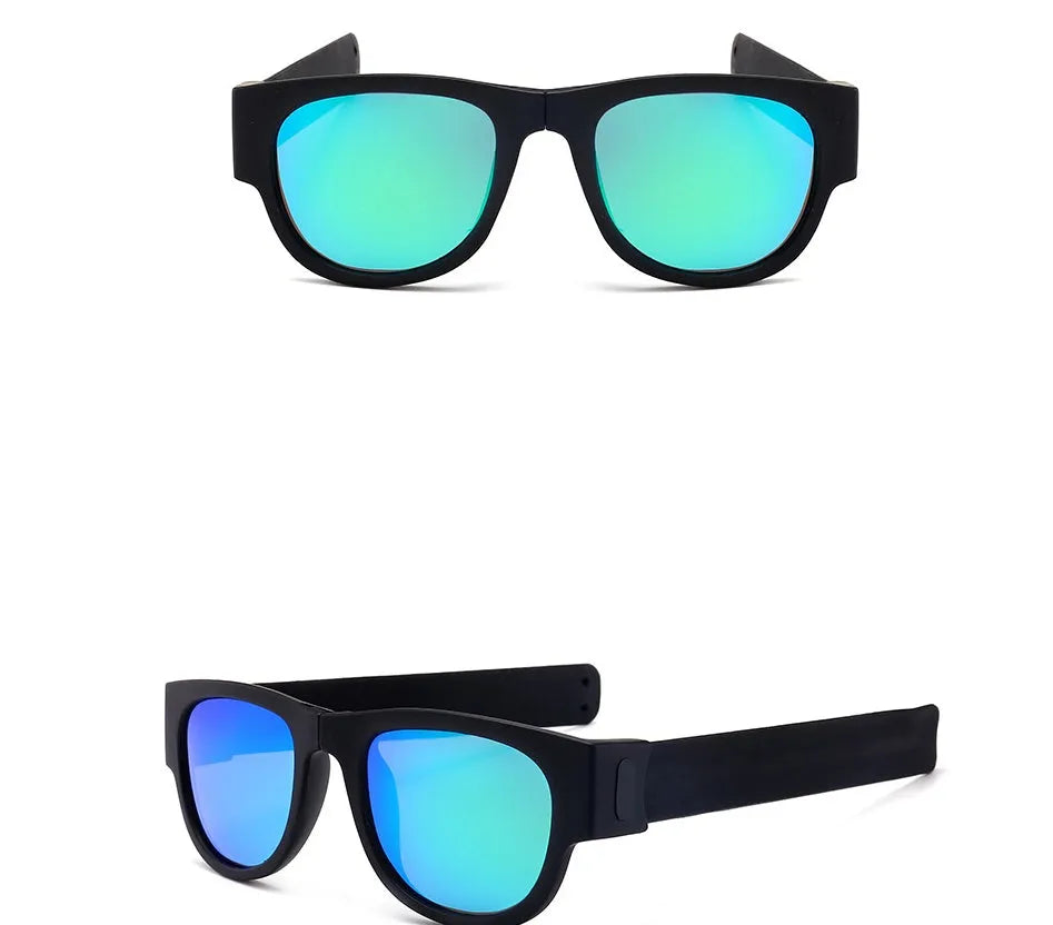 Folding bracelet sunglasses with polarized UV400 resin lens on wrist, black colour