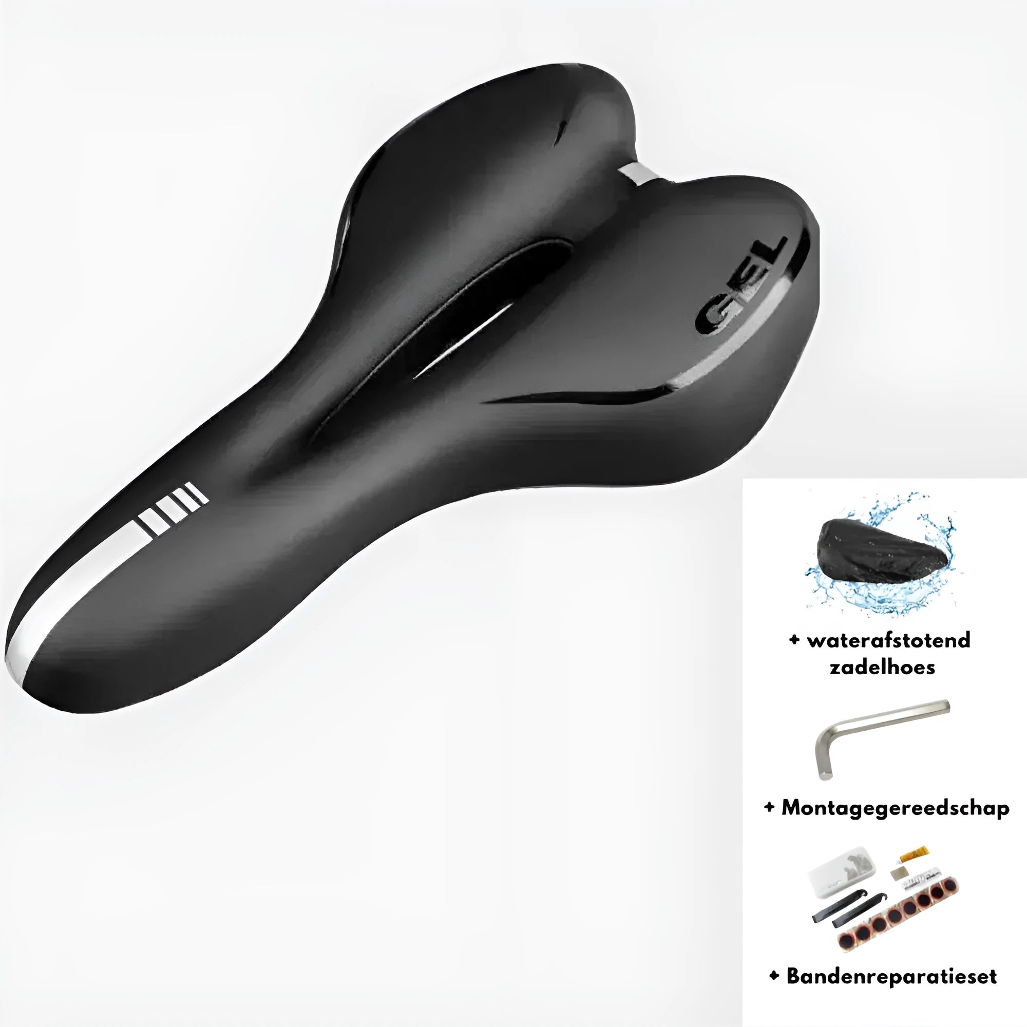 Bicycle saddle cushion with waterproof cover and installation tools including wrench and tyre patch kit