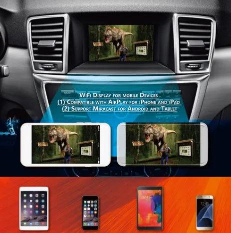 Black car mirror link box host unit with connecting AV cable, power cable, and antenna.