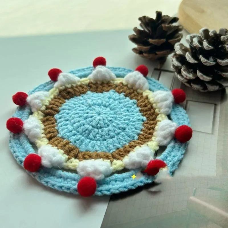 Round wool coaster set with decorative storage bag, each coaster measures 9cm diameter