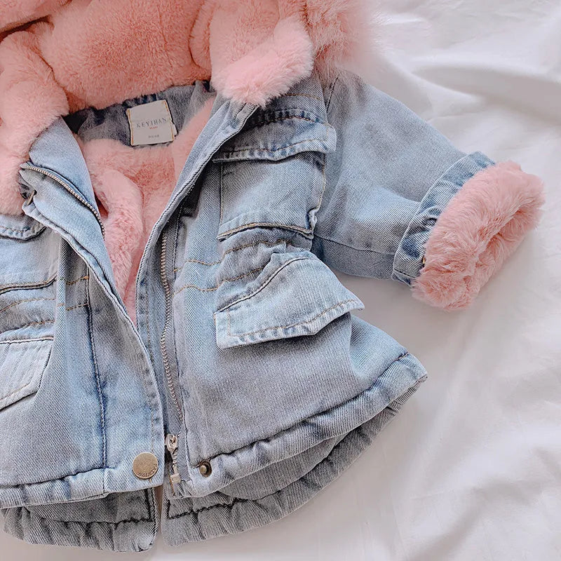 Girls denim coat with fixed hat and plus velvet lining, available in blue and pink, sizes 80cm to 120cm.