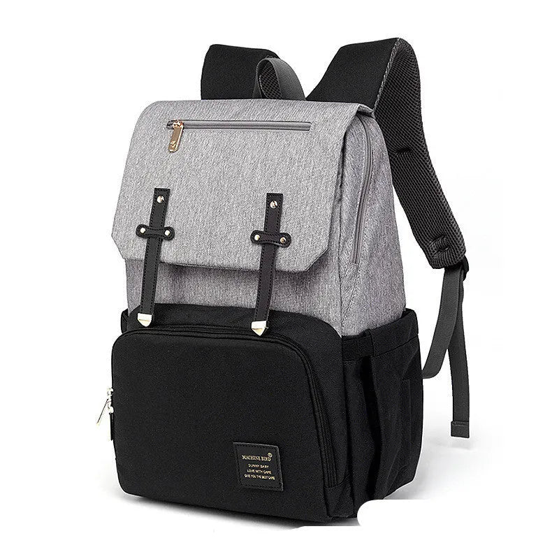 Double shoulder mummy bag backpack in grey white with bottle, Oxford fabric, tissue pocket and stroller hooks
