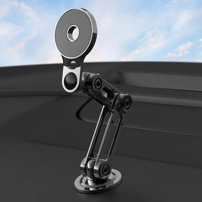 Black magnetic car phone holder with suction base and 360-degree rotation mechanism for universal smartphone mounting