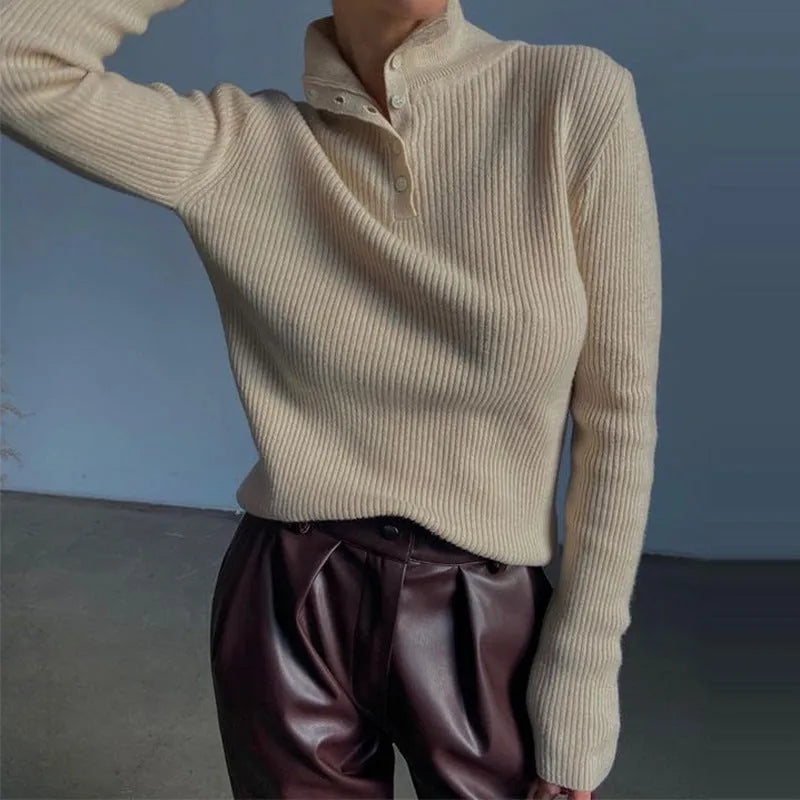 Women's slim fit retro breasted half turtleneck pullover sweater in silver grey or rice apricot
