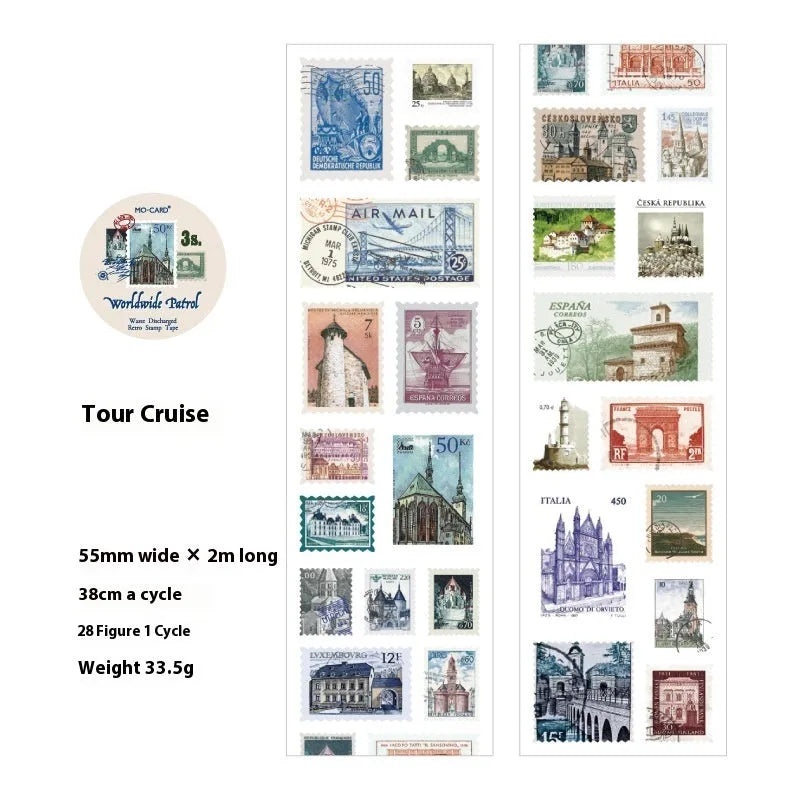 Roll of 55mm wide retro-themed coated paper stamp stickers showing butterfly, forest, bird, and mushroom designs.
