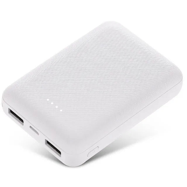 Black ultra-thin 10,000mAh power bank showing multi-U port output and compact 90mm x 63mm dimensions