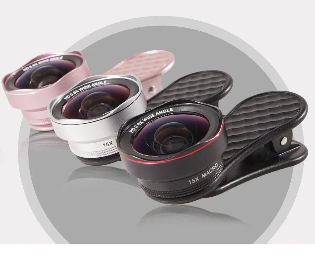 Smartphone wide-angle and macro lens kit with clip, storage box, and cleaning cloth