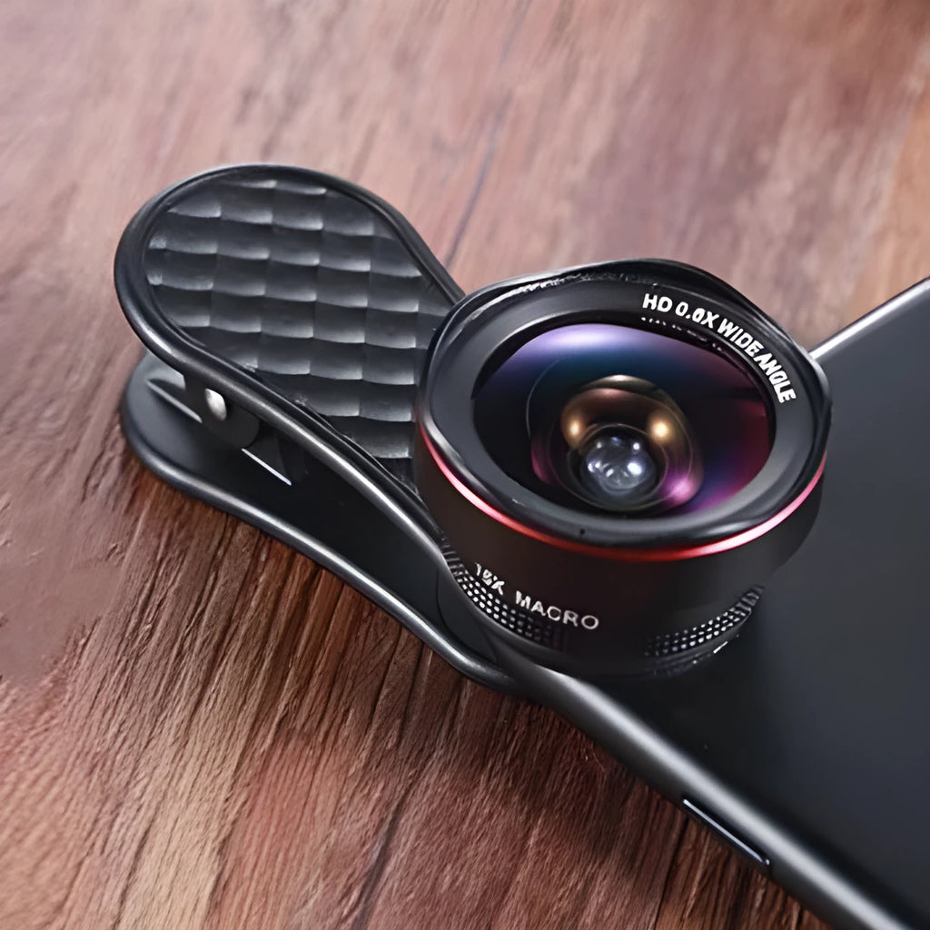 Smartphone wide-angle and macro lens kit with clip, storage box, and cleaning cloth
