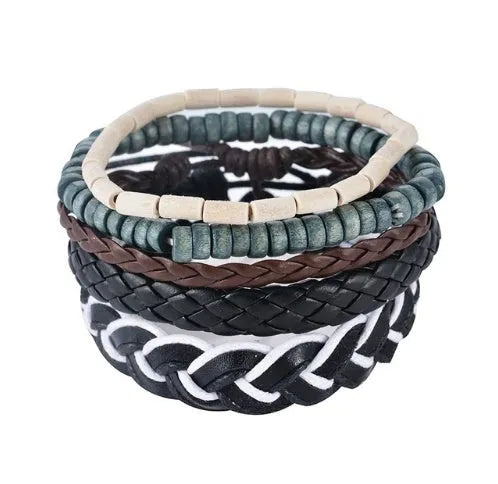 Hand-woven leather bracelet with wooden beads and adjustable design for vintage punk style