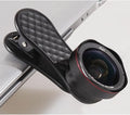 Smartphone wide-angle and macro lens kit with clip, storage box, and cleaning cloth