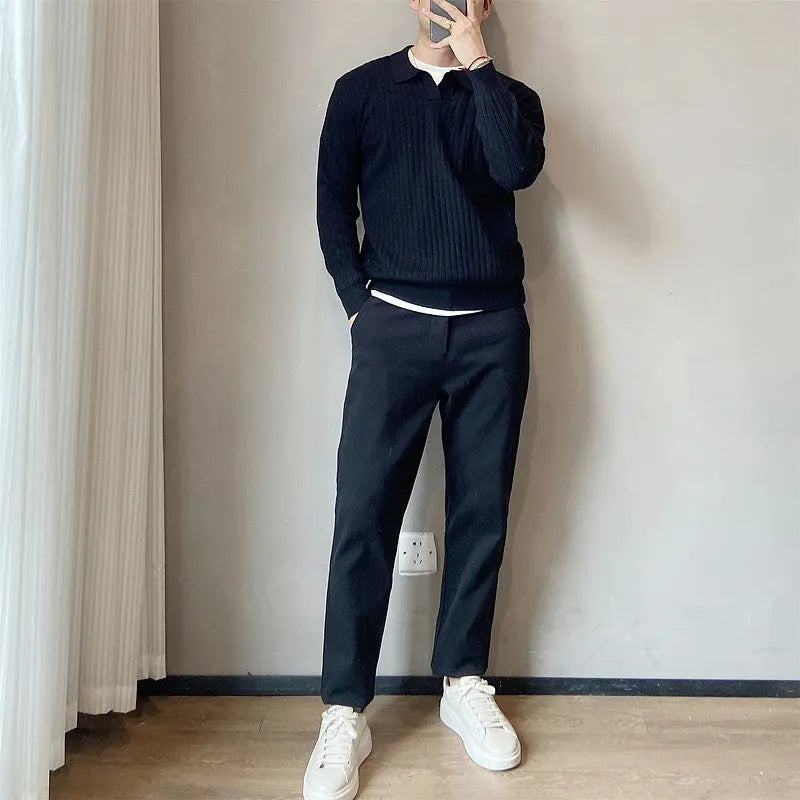 Boys black knitted pullover sweater with lapel stripes and elastic loose fit